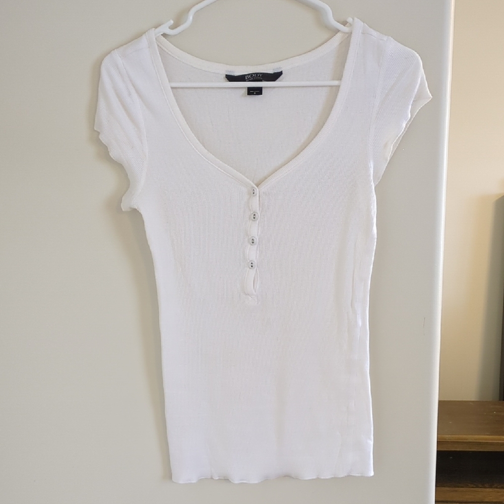 White Ribbed Henley Short Sleeve Top - DKNY